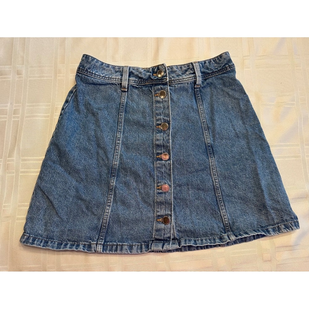 H&M Skirt Women 4 Blue Denim Button Front A-Line Mini Casual Cotton 0674606 9